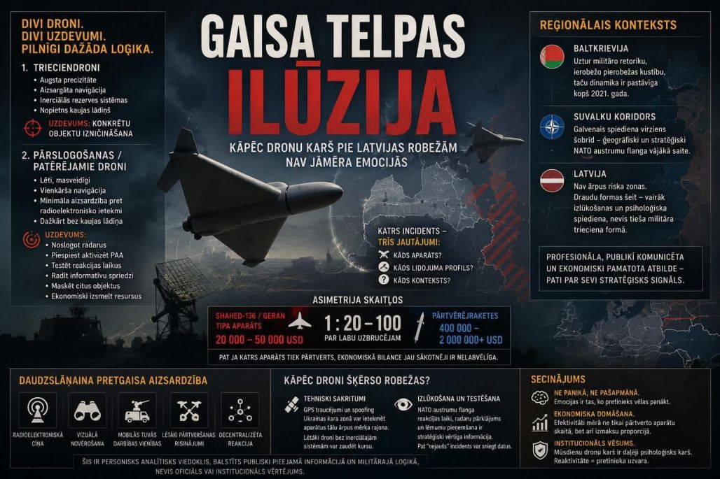 Gaisa telpas ilūzija: kāpēc dronu karš pie Latvijas robežām nav jāmēra emocijās