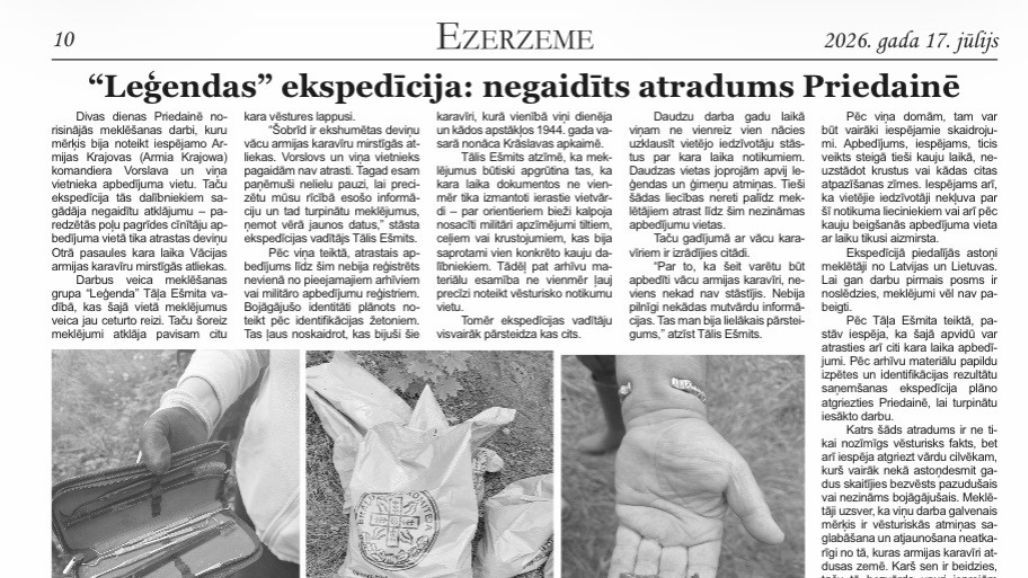 Ezerzeme: "Leģendas" ekspedīcija - negaidīts atradums Priedainē