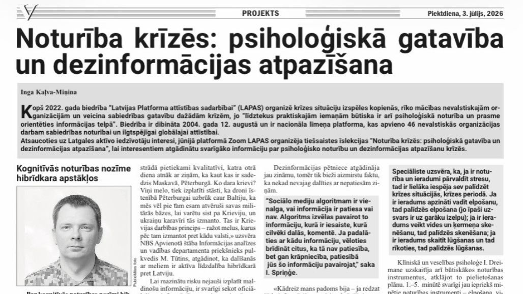Vietējā Latgales Avīze. Noturība krīzēs: psiholoģiskā gatavība un dezinformācijas atpazīšana