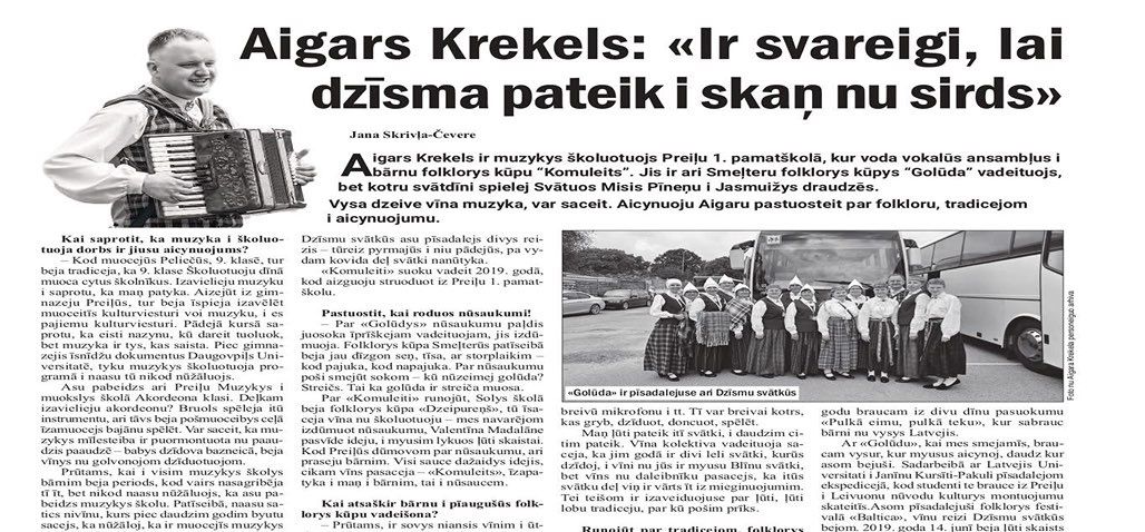 "Vietējā Latgales Avīze": Aigars Krekels: "Ir svareigi, lai dzīsma pateik i skaņ nu sirds"