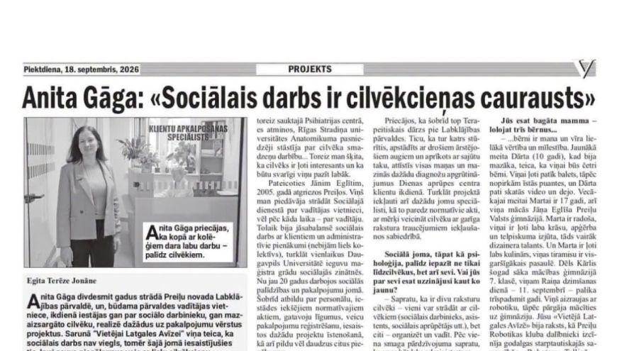 Attēls rakstam: Vietējā Latgales Avīze. Anita Gāga: "Sociālais darbs ir cilvēkcieņas caurausts"
